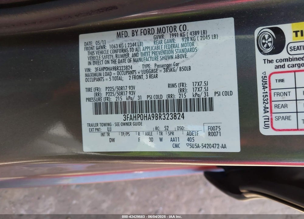 2011 FORD FUSION SE VIN: 3FAHP0HA9BR323824