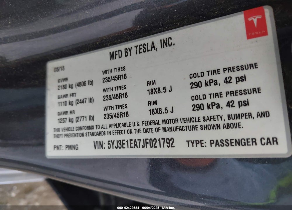 2018 TESLA MODEL 3 VIN: 5YJ3E1EA7JF021792