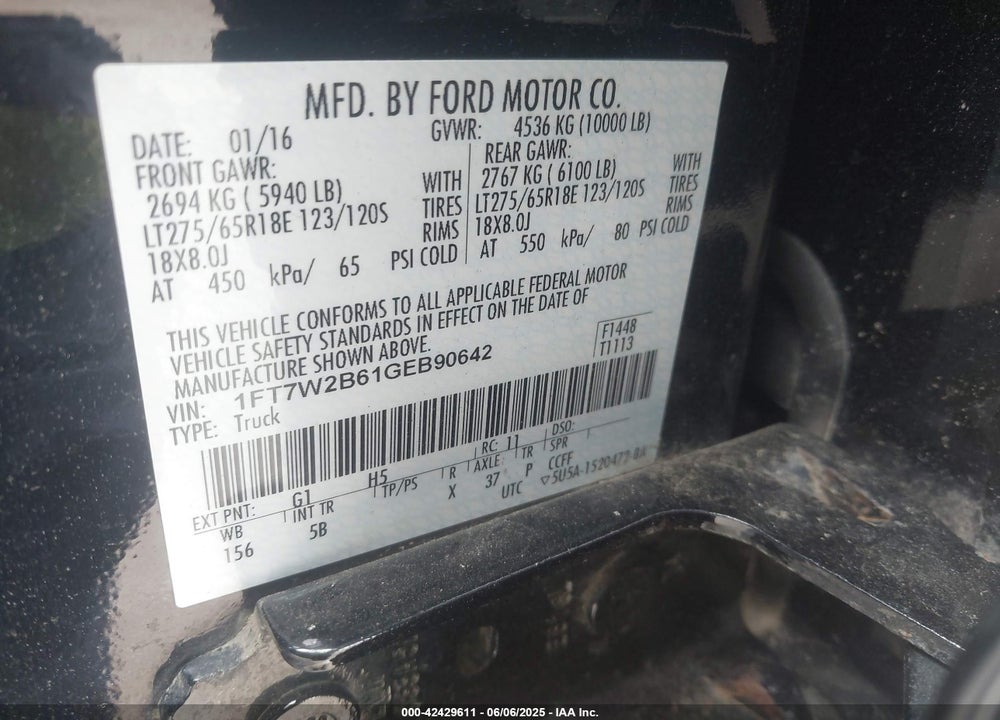 2016 FORD F-250 VIN: 1FT7W2B61GEB90642