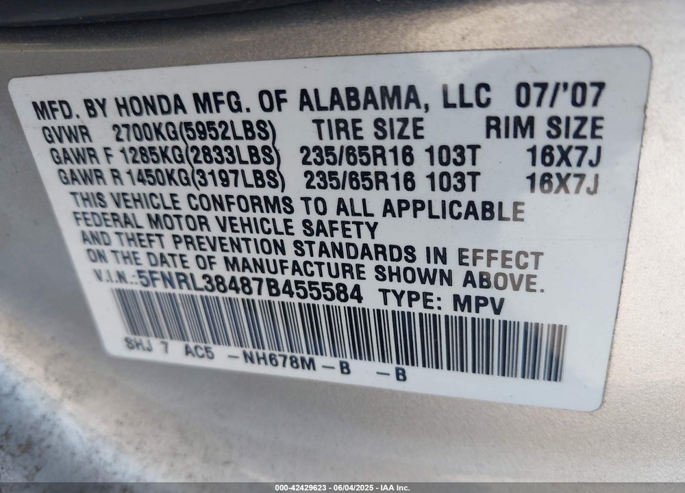 2007 HONDA ODYSSEY VIN: 5FNRL38487B455584