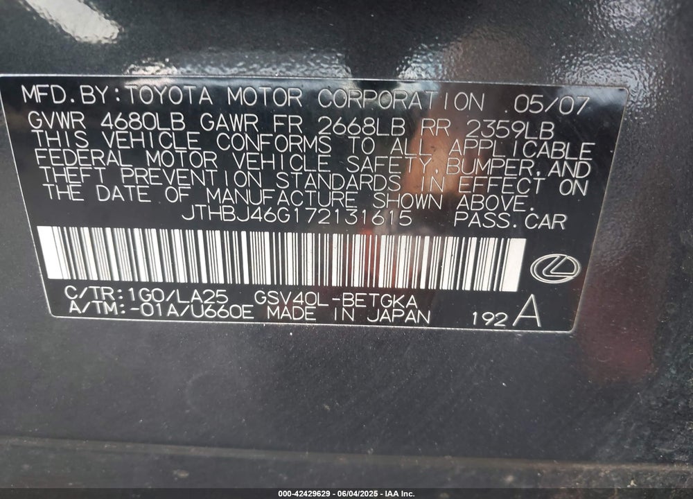 2007 LEXUS ES 350 VIN: JTHBJ46G172131615
