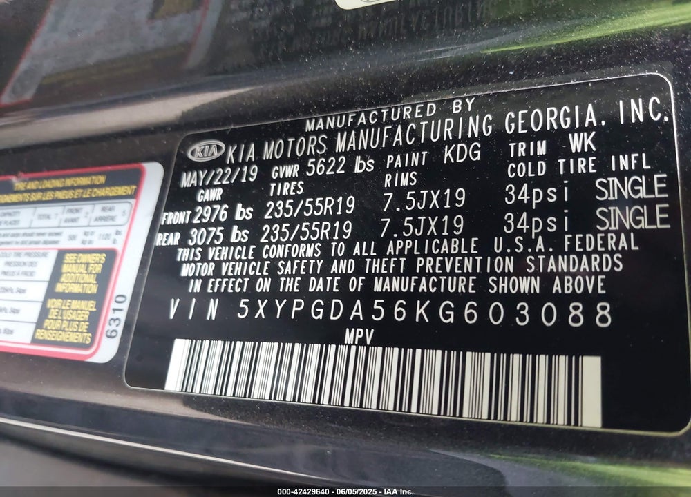 2019 KIA SORENTO 3.3L S VIN: 5XYPGDA56KG603088