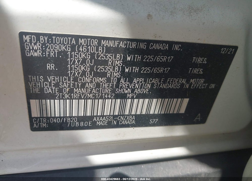 2021 TOYOTA RAV4 LE VIN: 2T3K1RFV7MC171442