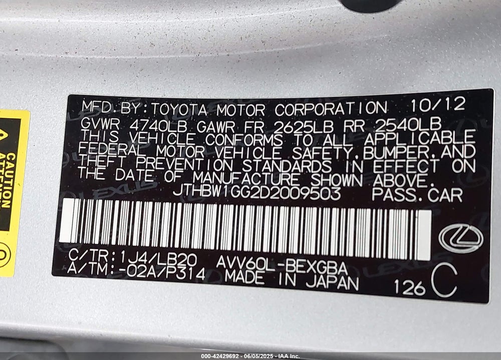 2013 LEXUS ES 300H VIN: JTHBW1GG2D2009503