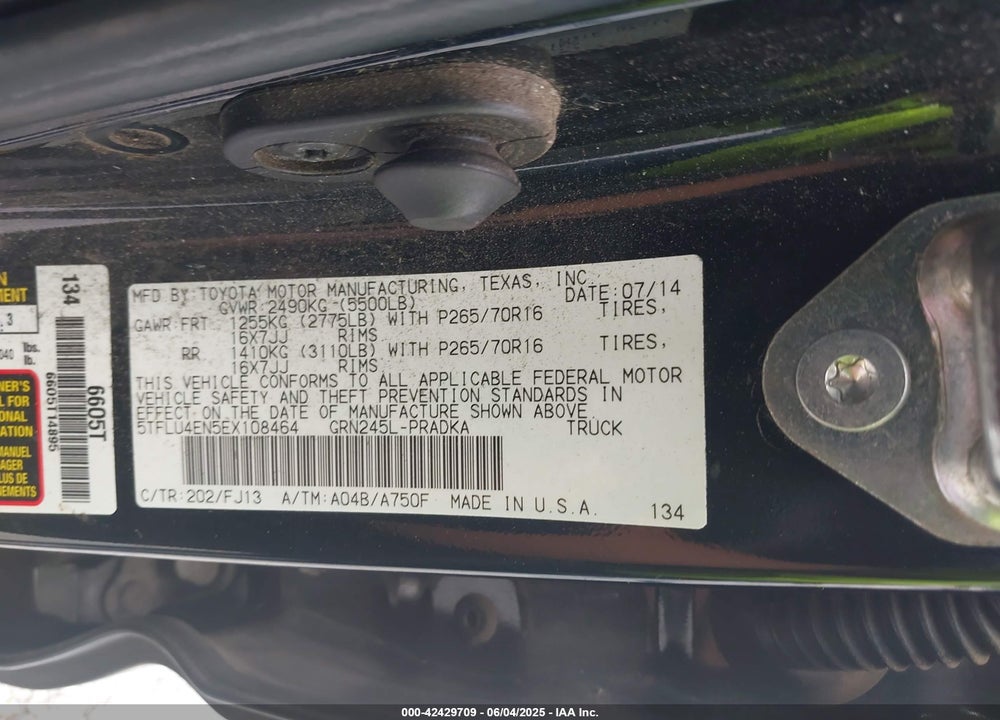 2014 TOYOTA TACOMA BASE V6 VIN: 5TFLU4EN5EX108464