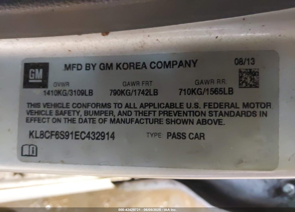 2014 CHEVROLET SPARK VIN: KL8CF6S91EC432914