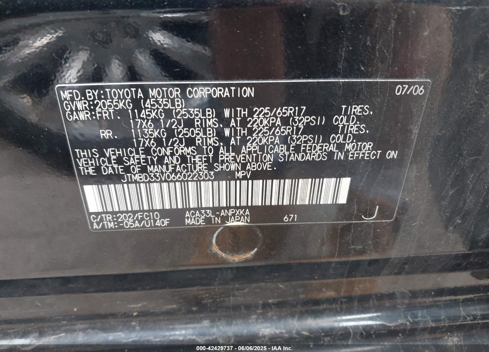 2006 TOYOTA RAV4 VIN: JTMBD33V066022303