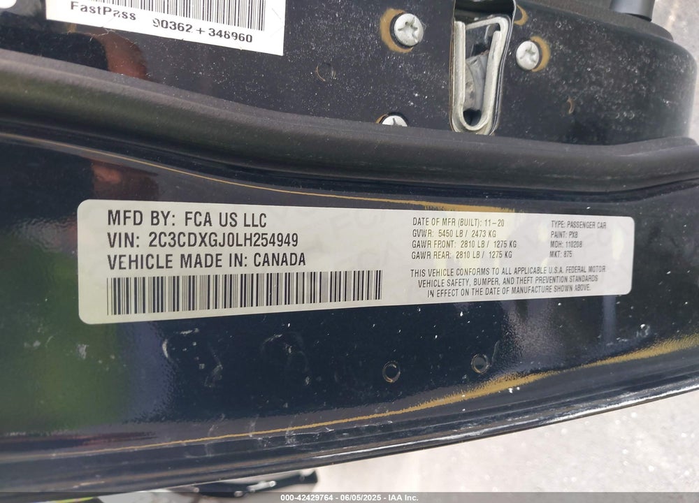 2020 DODGE CHARGER VIN: 2C3CDXGJ0LH254949