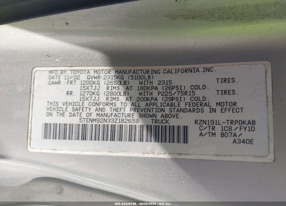 2003 TOYOTA TACOMA VIN: 5TENM92N33Z182658