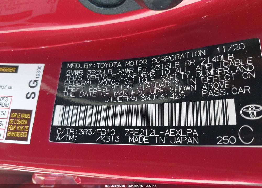 2021 TOYOTA COROLLA LE VIN: JTDEPMAE8MJ161425