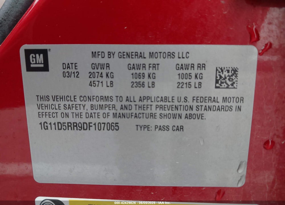 2013 CHEVROLET MALIBU VIN: 1G11D5RR9DF107065