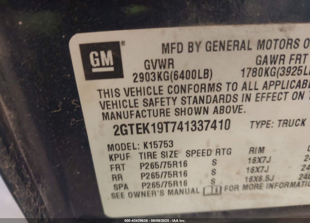 2004 GMC SIERRA 1500 VIN: 2GTEK19T741337410