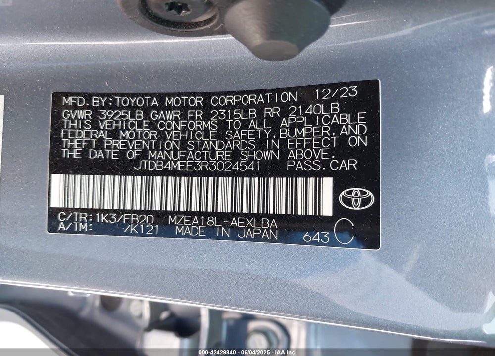 2024 TOYOTA COROLLA LE VIN: JTDB4MEE3R3024541