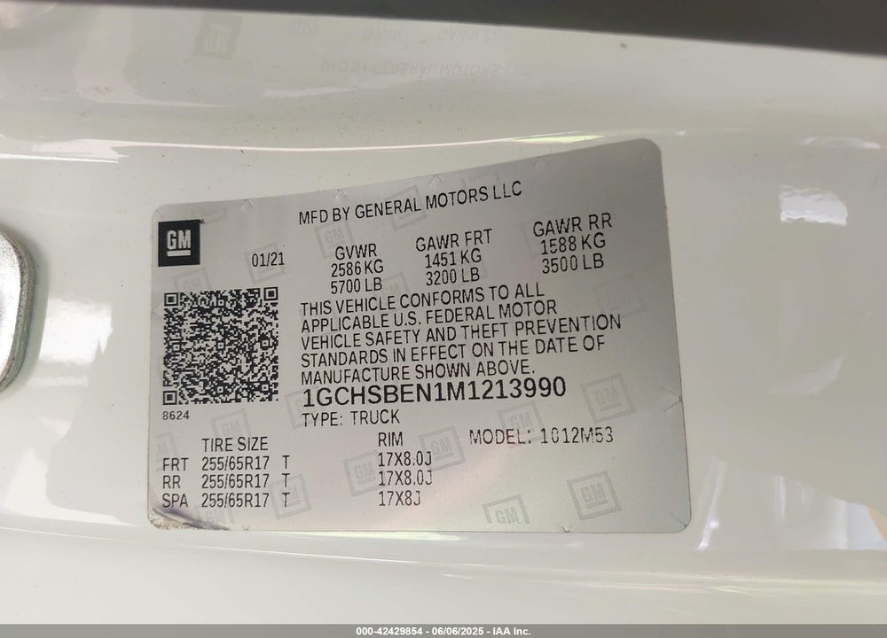 2021 CHEVROLET COLORADO VIN: 1GCHSBEN1M1213990