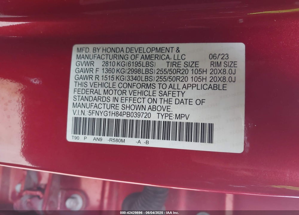 2023 HONDA PILOT VIN: 5FNYG1H84PB039720