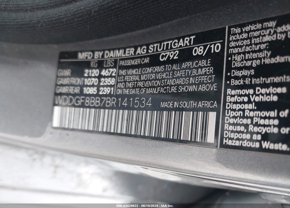 2011 MERCEDES-BENZ C 300 VIN: WDDGF8BB7BR141534