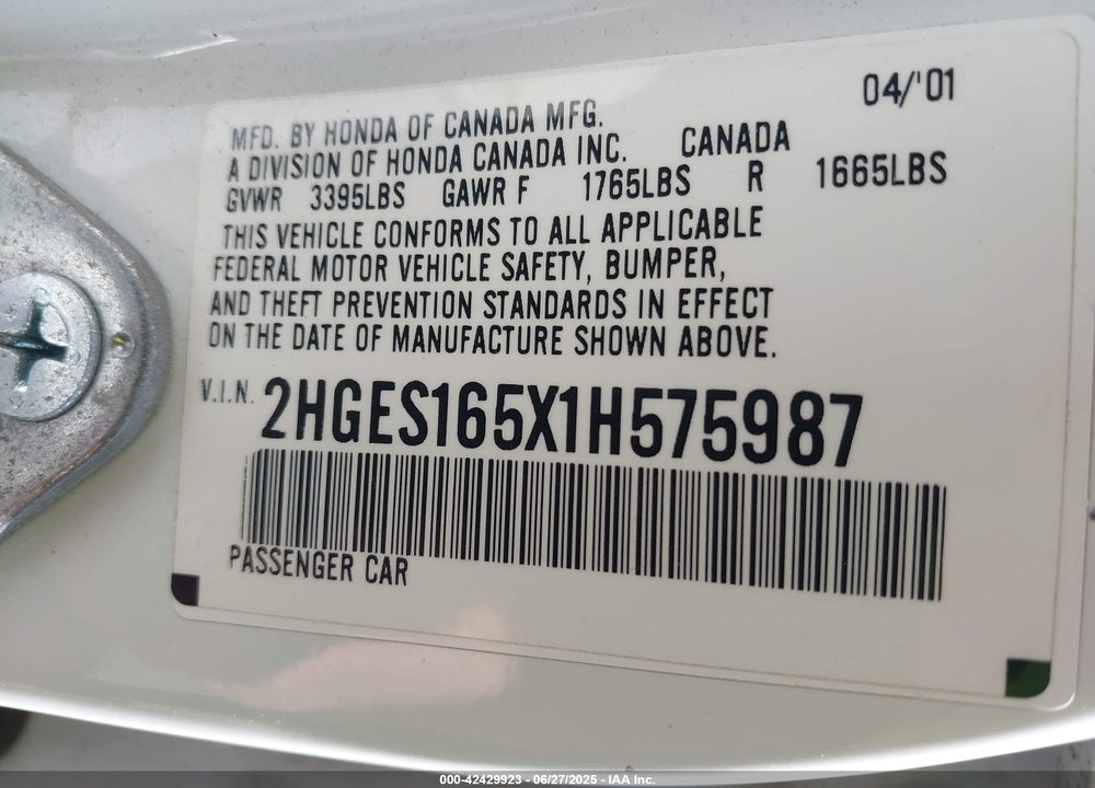 2001 HONDA CIVIC LX VIN: 2HGES165X1H575987