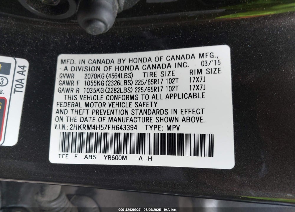 2015 HONDA CR-V VIN: 2HKRM4H57FH643394