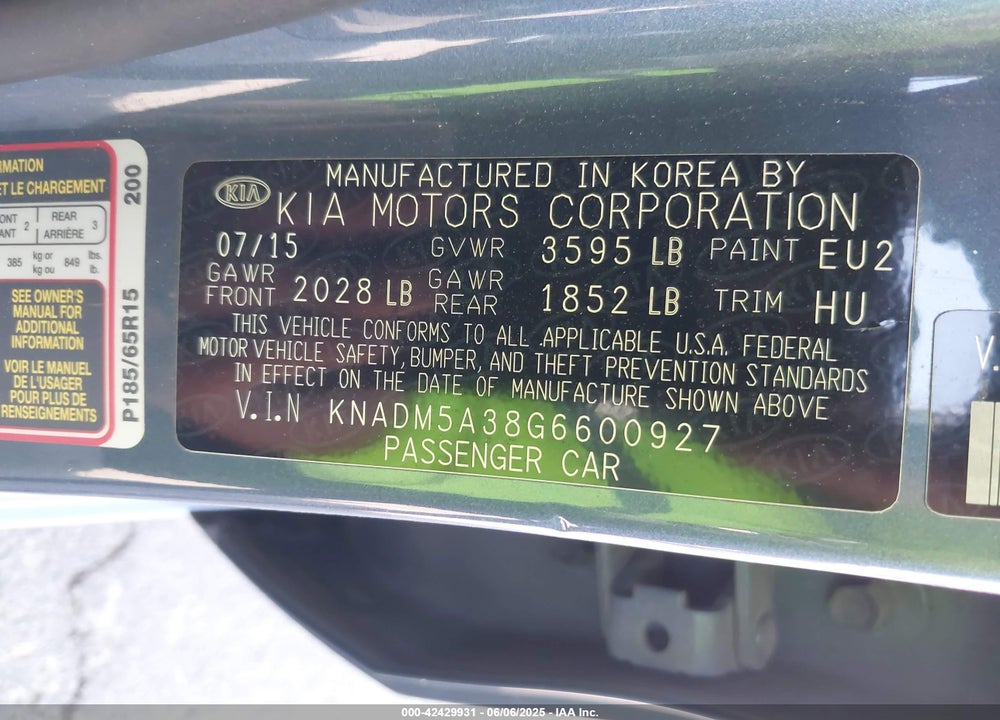 2016 KIA RIO VIN: KNADM5A38G6600927