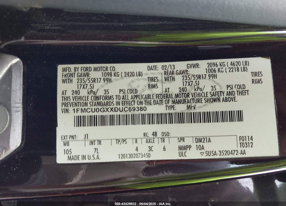 2013 FORD ESCAPE SE VIN: 1FMCU0GXXDUC69380