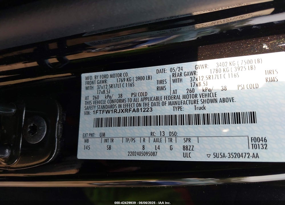 2024 FORD F-150 RAPTOR VIN: 1FTFW1RJXRFA81223