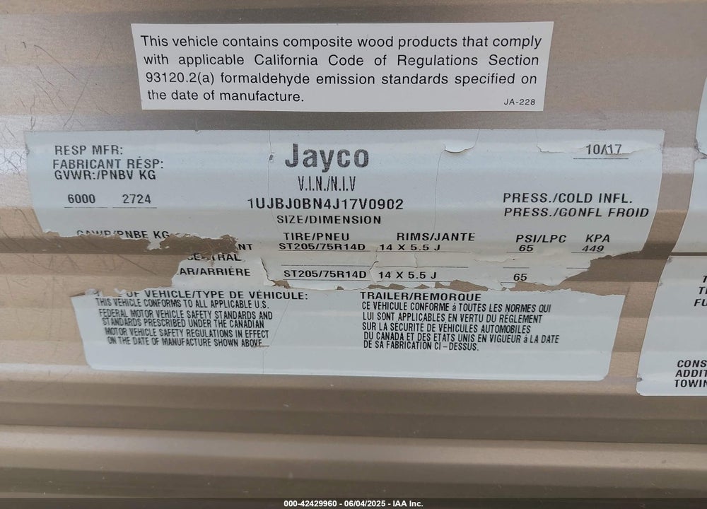 2018 JAYCO OTHER VIN: 1UJBJ0BN4J17V0902
