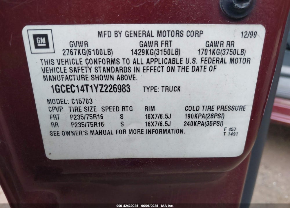 2000 CHEVROLET SILVERADO 1500 LS VIN: 1GCEC14T1YZ226983