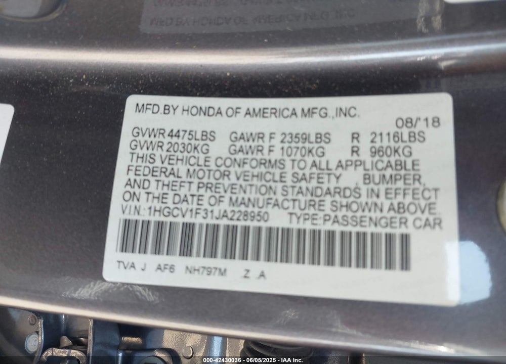 2018 HONDA ACCORD VIN: 1HGCV1F31JA228950