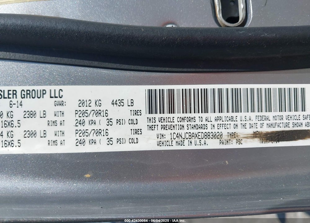 2014 JEEP COMPASS SPORT VIN: 1C4NJCBAXED883020