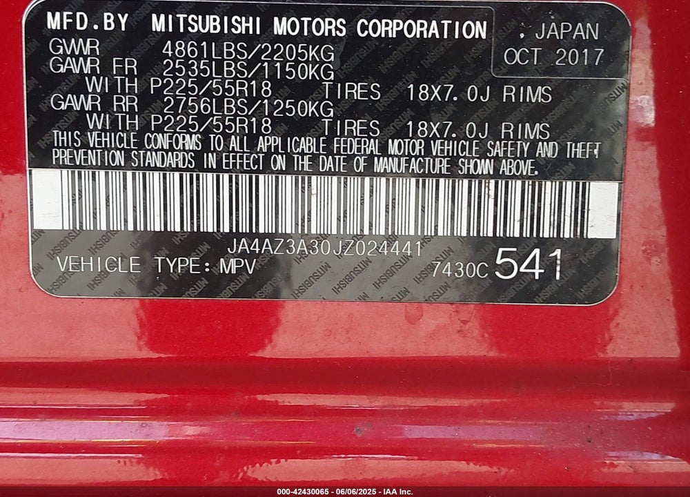 2018 MITSUBISHI OUTLANDER VIN: JA4AZ3A30JZ024441