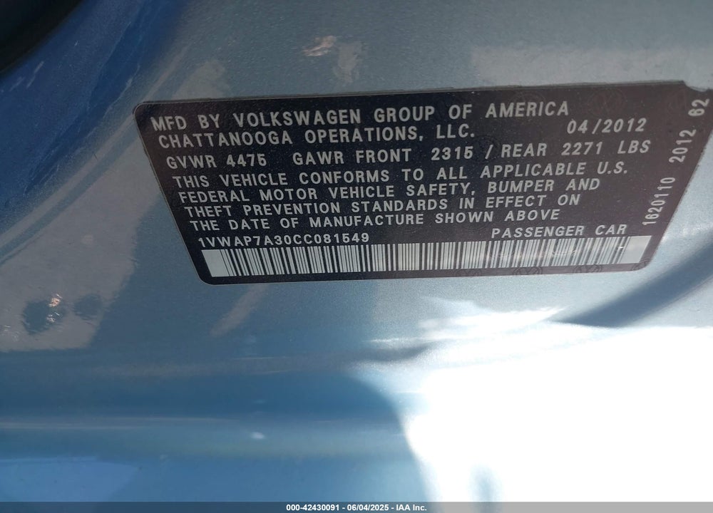 2012 VOLKSWAGEN PASSAT 2.5L S VIN: 1VWAP7A30CC081549