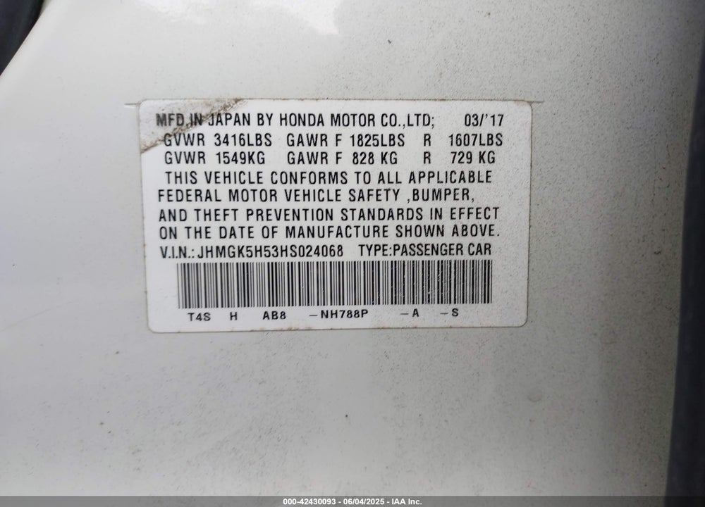 2017 HONDA FIT VIN: JHMGK5H53HS024068
