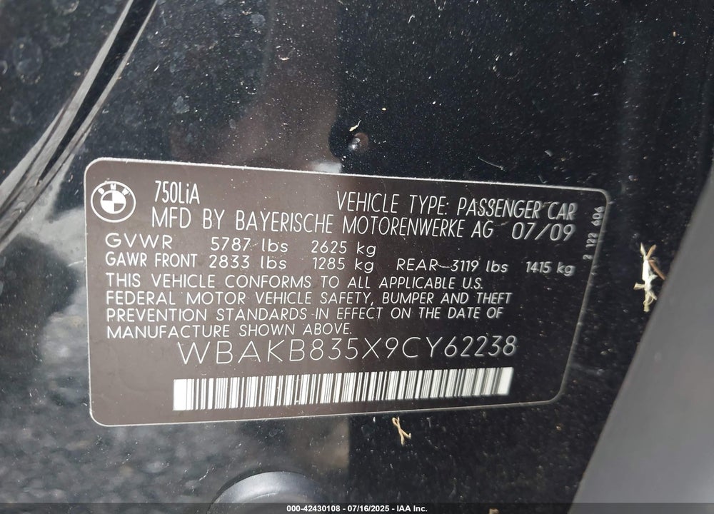 2009 BMW 7 SERIES VIN: WBAKB835X9CY62238
