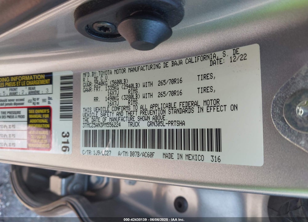 2023 TOYOTA TACOMA VIN: 3TMCZ5AN3PM556224