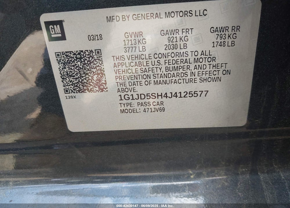 2018 CHEVROLET SONIC LT AUTO VIN: 1G1JD5SH4J4125577