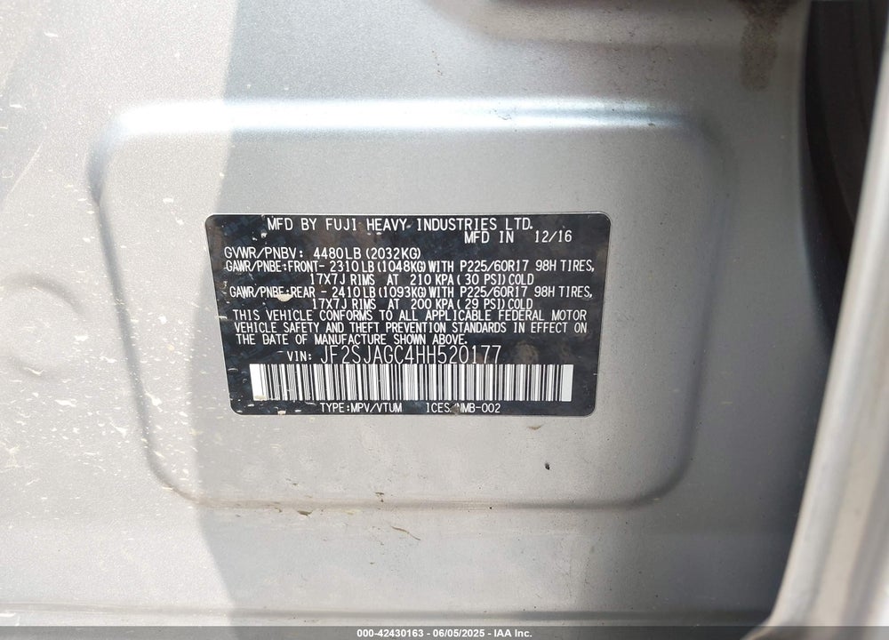 2017 SUBARU FORESTER 2.5I PREMIUM VIN: JF2SJAGC4HH520177