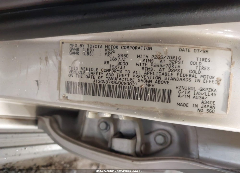 1998 TOYOTA 4RUNNER SR5 V6 LIMITED VIN: JT3GN87R9W0090037