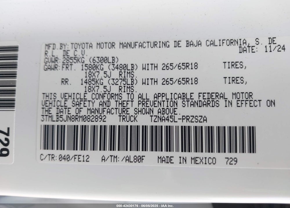 2024 TOYOTA TACOMA VIN: 3TMLB5JN8RM082892