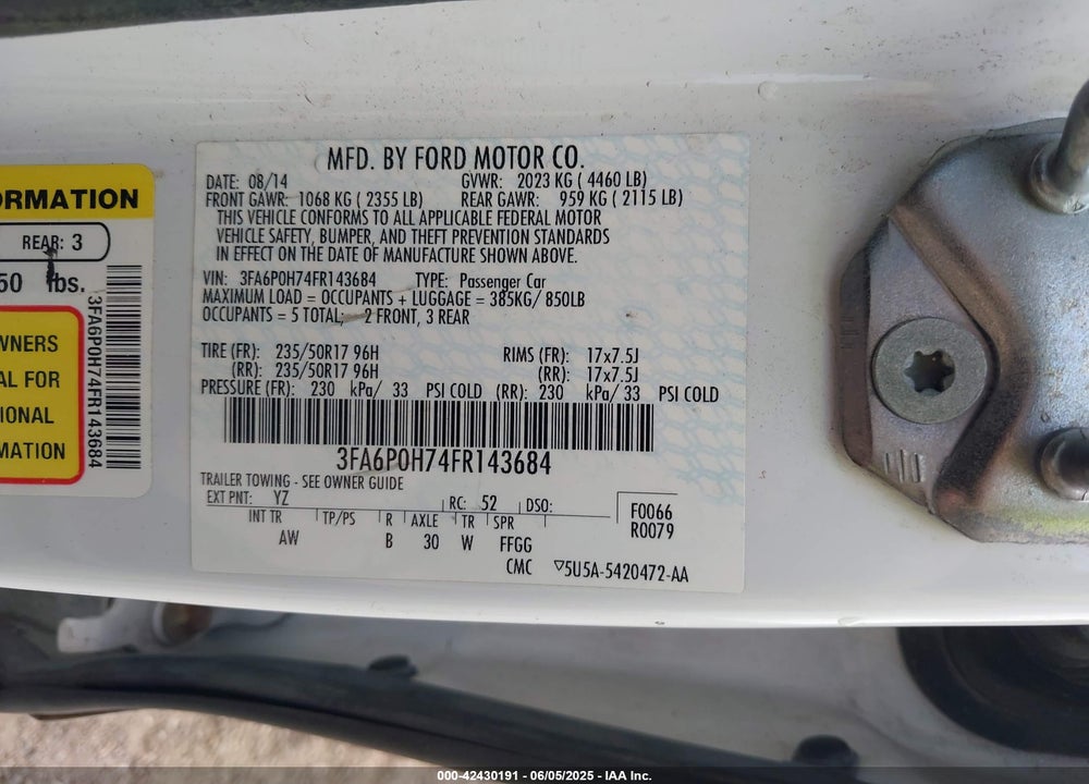 2015 FORD FUSION VIN: 3FA6P0H74FR143684