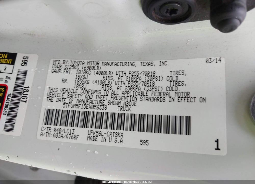 2014 TOYOTA TUNDRA VIN: 5TFUM5F15EX056338
