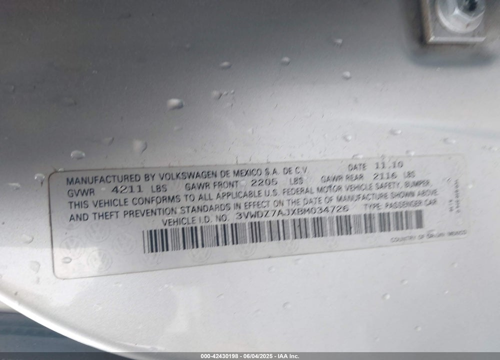 2011 VOLKSWAGEN JETTA 2.5L SE VIN: 3VWDZ7AJXBM034726
