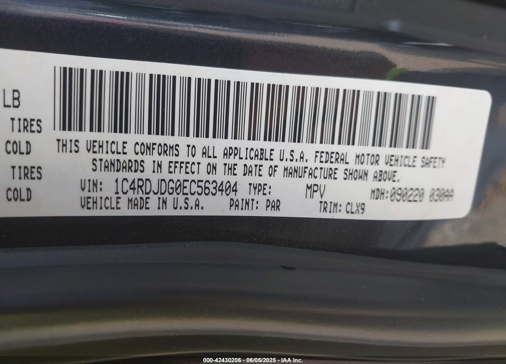 2014 DODGE DURANGO VIN: 1C4RDJDG0EC563404