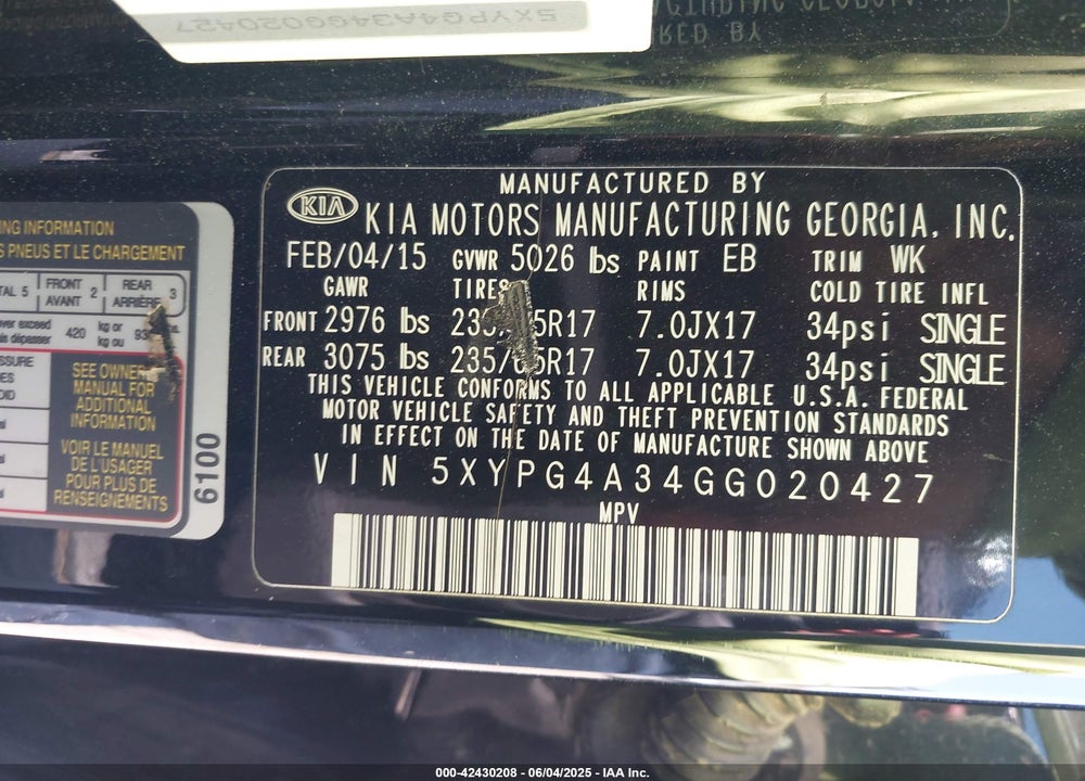 2016 KIA SORENTO VIN: 5XYPG4A34GG020427