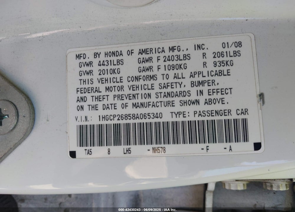 2008 HONDA ACCORD VIN: 1HGCP26858A065340