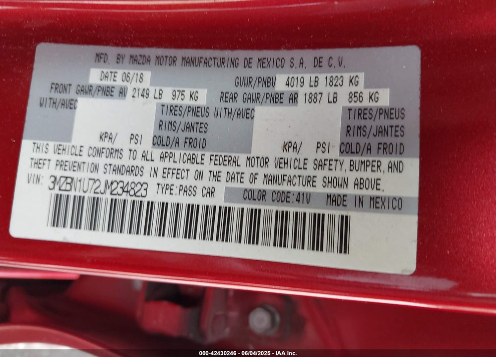 2018 MAZDA 3 SPORT VIN: 3MZBN1U72JM234823