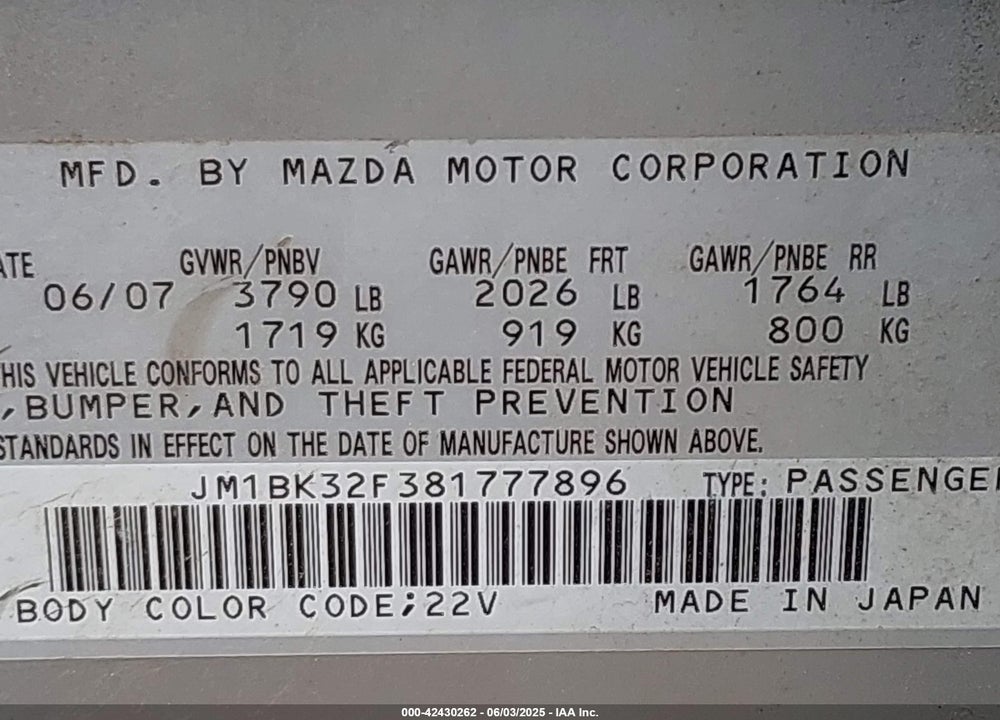2008 MAZDA 3 I VIN: JM1BK32F381777896
