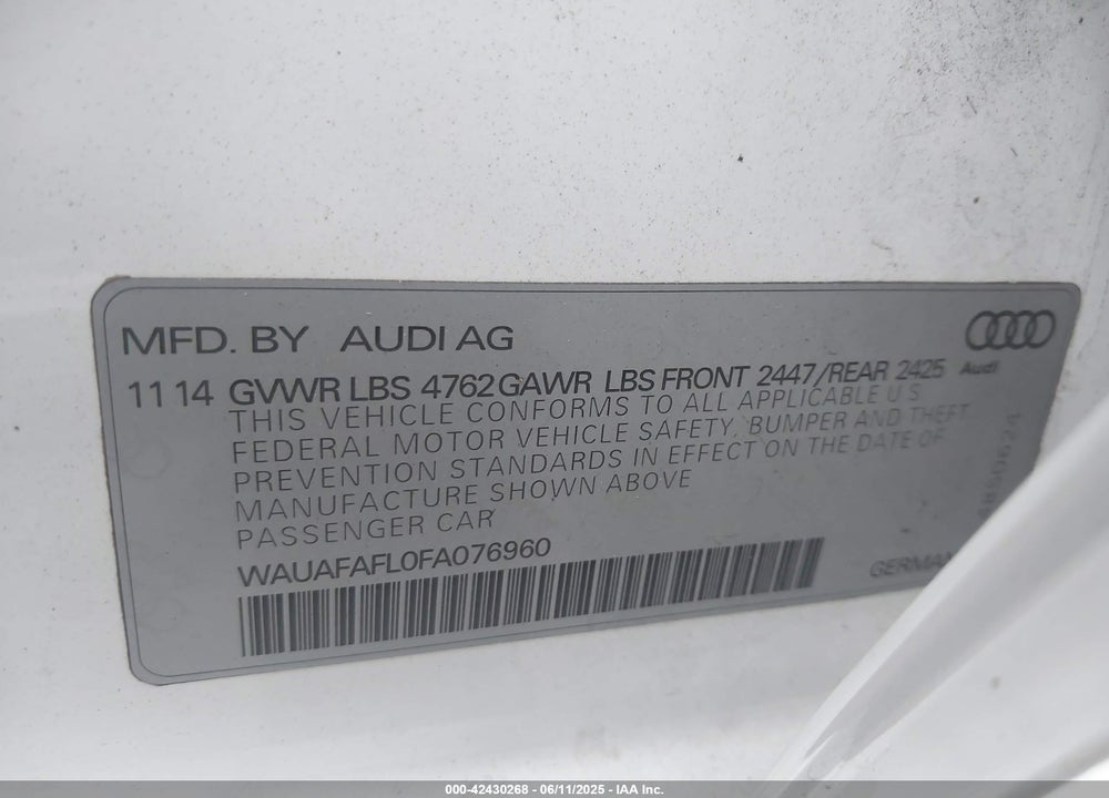 2015 AUDI A4 2.0T PREMIUM VIN: WAUAFAFL0FA076960