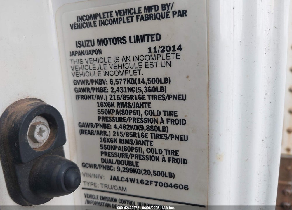 2015 ISUZU NPR DSL REG AT VIN: JALC4W162F7004606