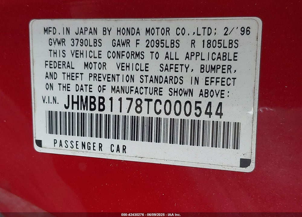 1996 HONDA PRELUDE SR-V VIN: JHMBB1178TC000544