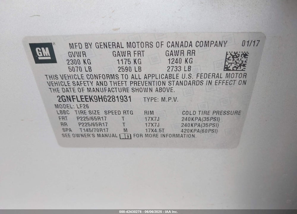 2017 CHEVROLET EQUINOX LS VIN: 2GNFLEEK9H6281931